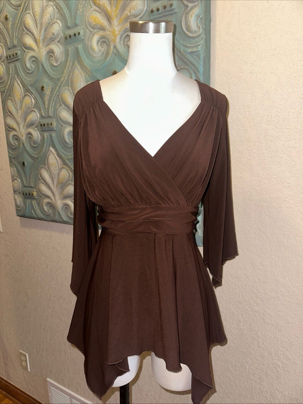 Y2K Cocomo Faux Wrap Tunic Top Brown Handkerchief Hem Tie Waist Women’s L - Picture 2 of 9